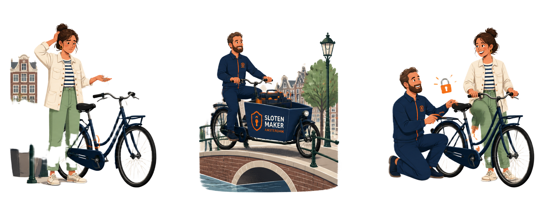 Illustratie: klant met verloren sleutel, monteur op elektrische bakfiets onderweg door Amsterdam, monteur opent het slot en klant fietst blij verder